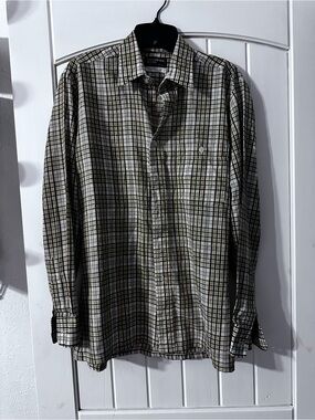 Christopher Radko Olive Green and White Plaid Button-Down Shirt